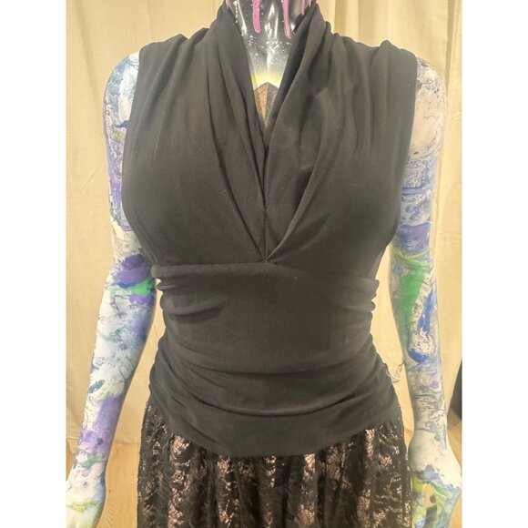 Black Sleeveless SLNY Dress With Draped Bodice & Lace Overlay Skirt Size 10 - Picture 5 of 7